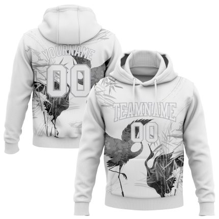 Custom Name & Number Heron Sports Hoodie - Personalized 3D Pattern Design, White Gray Pullover Sweatshirt Personalized Stitched