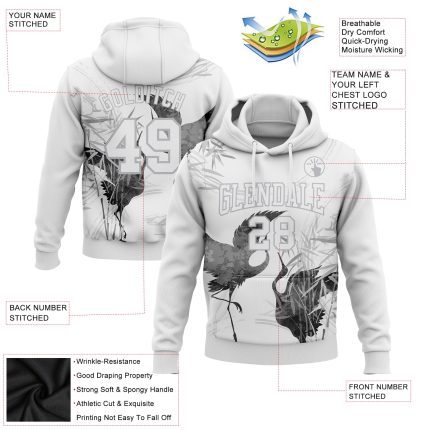 Custom Name & Number Heron Sports Hoodie - Personalized 3D Pattern Design, White Gray Pullover Sweatshirt Personalized Stitched