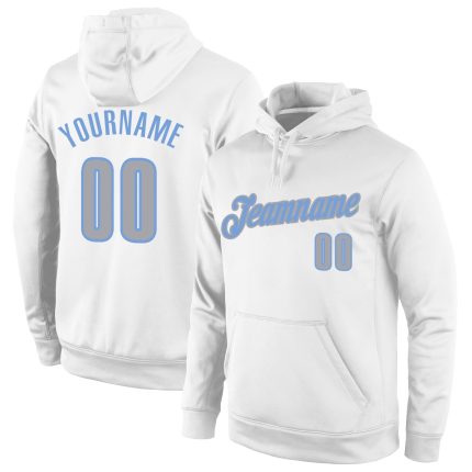 Custom Sports Hoodie with Personalized Name and Number - White Gray Light Blue Stitched Pullover Sweatshirt Personalized