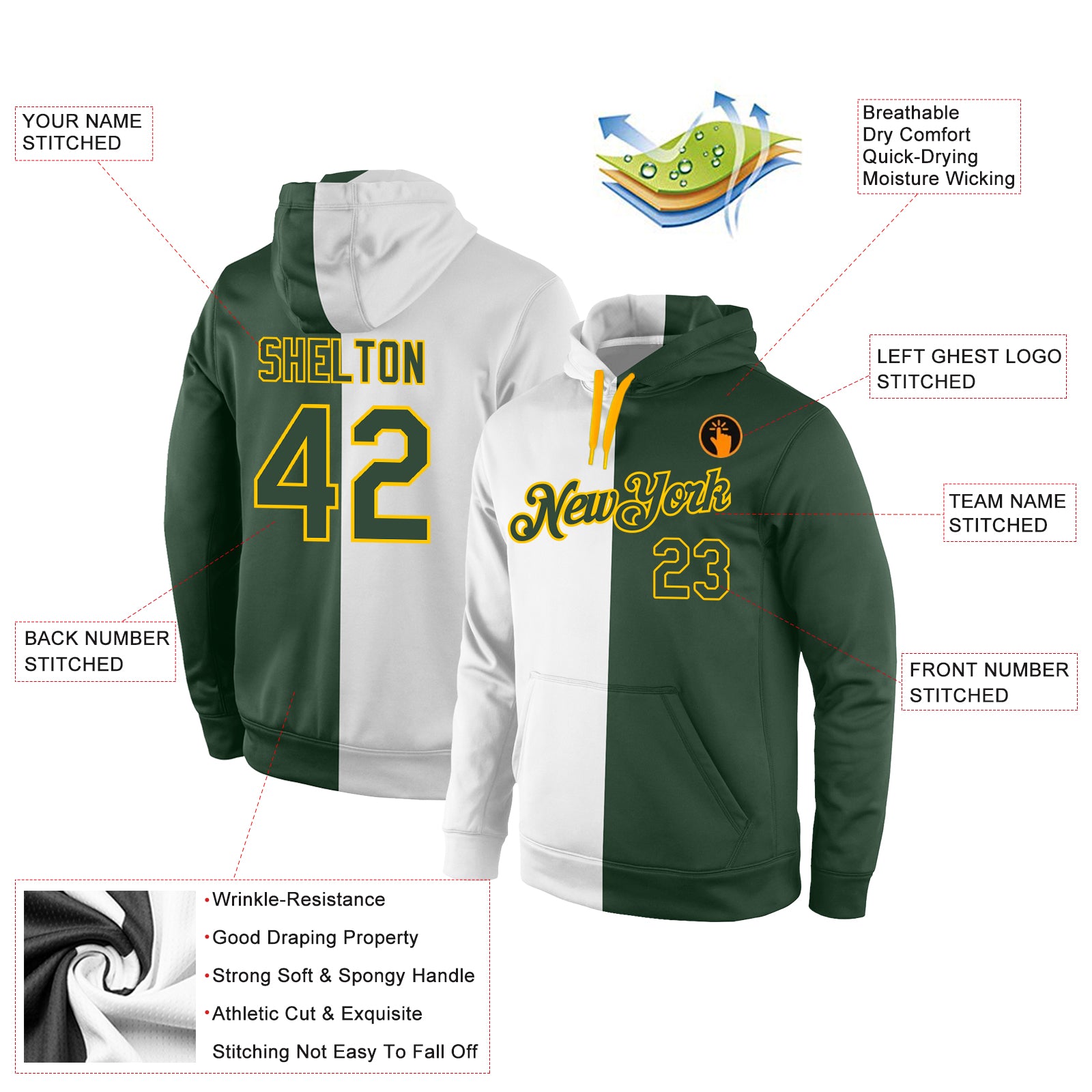 Personalized Stitched White Green-Gold Split Fashion Sports Pullover Sweatshirt Hoodie Team Custom Name and Number Custom Name Number Sports Hoodie Sweatshirt Personalized White Green Gold Stitched Pullover Fashion Team Apparel Personalized - Image 4