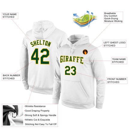 Custom Team Name Number Hoodie Sports Pullover Sweatshirt Stitched White Green Gold Personalized Stitched White Green-Gold