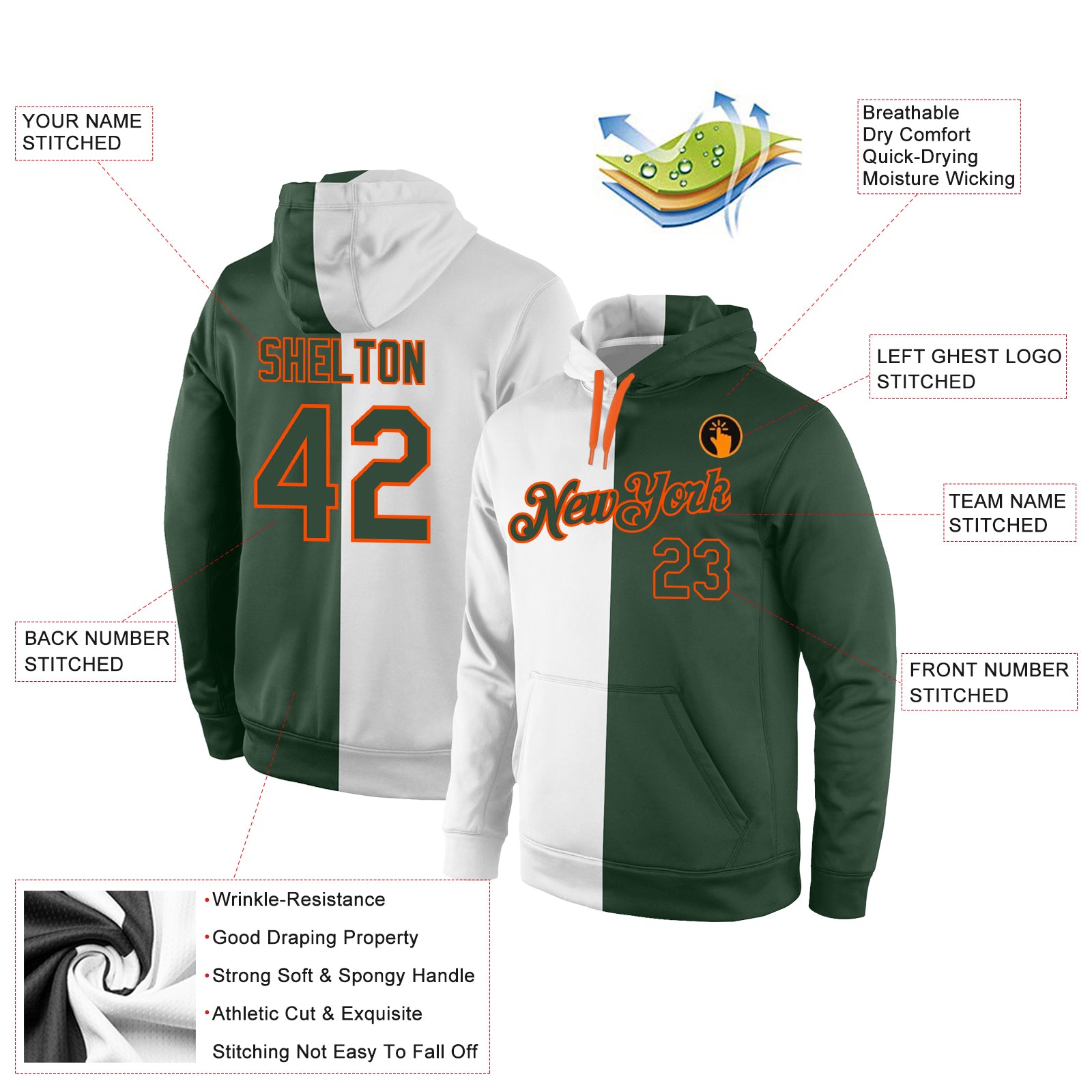 Personalized Stitched White Green-Orange Split Fashion Sports Pullover Sweatshirt Hoodie Team Custom Name and Number Custom Team Name Number Hoodie - Personalized Stitched White Green-Orange Split Fashion Sports Pullover Sweatshirt Personalized - Image 4