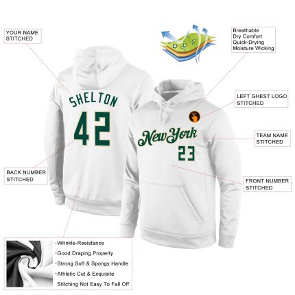 Custom Stitched Sports Hoodie with Name and Number - White Hunter Green-Cream Pullover Sweatshirt Personalized Stitched White