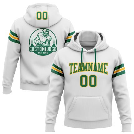 Custom Name Number Personalized Football Hoodie Sweatshirt Pullover White Kelly Green Gold Personalized Stitched White Kelly