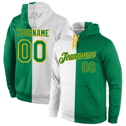Custom Name Number Hoodie Stitched White Kelly Green Gold Split Fashion Sports Pullover Sweatshirt for Team Personalized