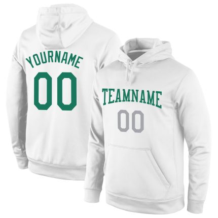 Custom Name and Number Sports Hoodie for Teams, Personalized Stitched White Kelly Green-Gray Pullover Sweatshirt Personalized
