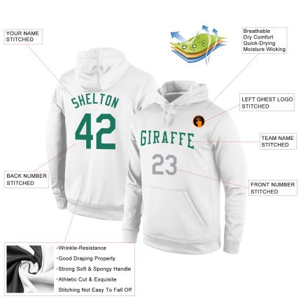 Custom Name and Number Sports Hoodie for Teams, Personalized Stitched White Kelly Green-Gray Pullover Sweatshirt Personalized