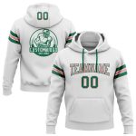 Custom Name and Number Football Hoodie Pullover Sweatshirt in White, Kelly Green, and Medium Pink for Team Spirit Personalized