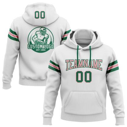 Custom Name and Number Football Hoodie Pullover Sweatshirt in White, Kelly Green, and Medium Pink for Team Spirit Personalized