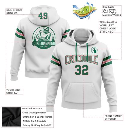 Custom Name and Number Football Hoodie Pullover Sweatshirt in White, Kelly Green, and Medium Pink for Team Spirit Personalized