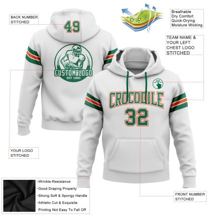 Custom Name Number Football Hoodie Sweatshirt Pullover in White Kelly Green-Orange - Personalized Team Apparel Personalized