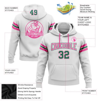 Custom Name Number Football Sweatshirt Hoodie in White Kelly Green-Pink - Personalized Stitched Pullover Personalized Stitched