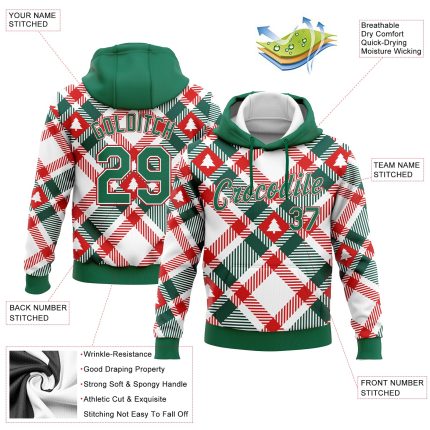 Custom Name Number Christmas Tree 3D Sports Hoodie Sweatshirt in White Kelly Green Red - Personalized Pullover Apparel Personalized