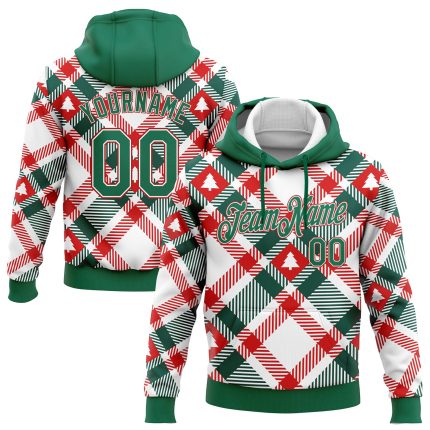 Custom Name Number Christmas Tree 3D Sports Hoodie Sweatshirt in White Kelly Green Red - Personalized Pullover Apparel Personalized