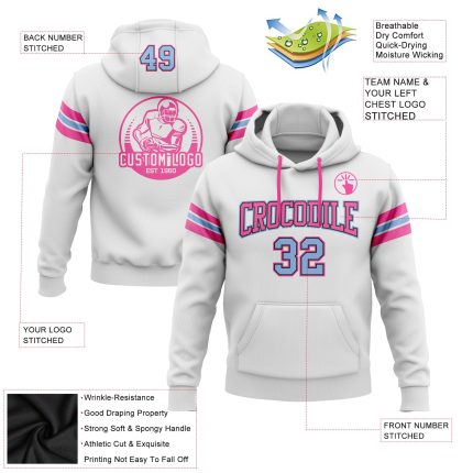 Custom Football Hoodie with Name and Number - Personalized Stitched Sweatshirt in White, Light Blue, Black, and Pink Personalized