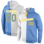 Custom Name Number Sports Hoodie Personalized Stitched Pullover Sweatshirt in White Light Blue Gold for Team Fans Personalized