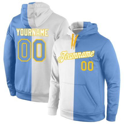 Custom Name Number Sports Hoodie Personalized Stitched Pullover Sweatshirt in White Light Blue Gold for Team Fans Personalized