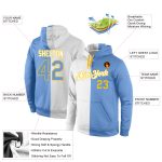 Custom Name Number Sports Hoodie Personalized Stitched Pullover Sweatshirt in White Light Blue Gold for Team Fans Personalized
