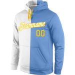 Custom Name Number Sports Hoodie Personalized Stitched Pullover Sweatshirt in White Light Blue Gold for Team Fans Personalized