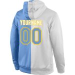 Custom Name Number Sports Hoodie Personalized Stitched Pullover Sweatshirt in White Light Blue Gold for Team Fans Personalized