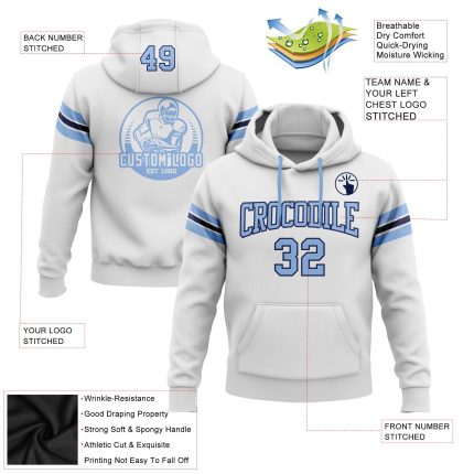 Custom Team Hoodie - Personalized Pullover Sweatshirt with Stitched Name & Number in White, Light Blue, Navy Football Design