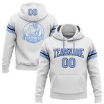 Custom Team Hoodie - Personalized Pullover Sweatshirt with Stitched Name & Number in White, Light Blue, Navy Football Design