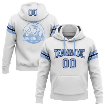 Custom Team Hoodie - Personalized Pullover Sweatshirt with Stitched Name & Number in White, Light Blue, Navy Football Design