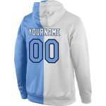 Custom Stitched Hoodie with Team Name and Number, White Light Blue-Navy Split Design, Fashion Sports Pullover Sweatshirt