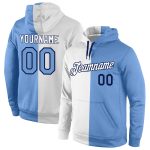 Custom Stitched Hoodie with Team Name and Number, White Light Blue-Navy Split Design, Fashion Sports Pullover Sweatshirt