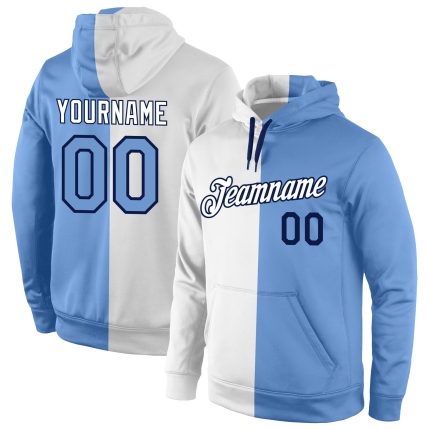 Custom Stitched Hoodie with Team Name and Number, White Light Blue-Navy Split Design, Fashion Sports Pullover Sweatshirt