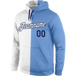 Custom Stitched Hoodie with Team Name and Number, White Light Blue-Navy Split Design, Fashion Sports Pullover Sweatshirt