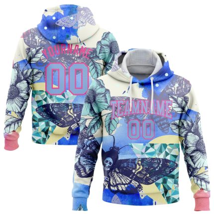 Custom Name and Number 3D Skull Flower Butterfly Hoodie Sweatshirt - Personalized Light Blue-Pink Sports Pullover Personalized