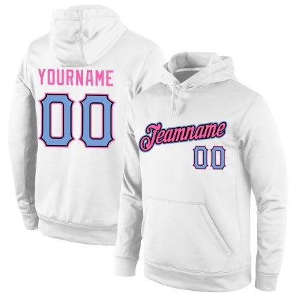 Custom Team Sports Pullover Hoodie Personalize with Name & Number - Stitched White Light Blue-Pink Sweatshirt Personalized