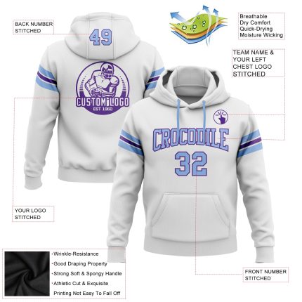 Custom Name and Number Football Hoodie Pullover Sweatshirt in Light Blue-Purple, Personalized Stitched Design, White Personalized