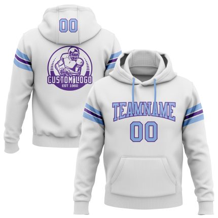 Custom Name and Number Football Hoodie Pullover Sweatshirt in Light Blue-Purple, Personalized Stitched Design, White Personalized