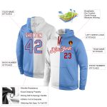 Custom Name & Number Sports Hoodie, Stitched White Light Blue-Red Pullover Sweatshirt, Team Apparel Personalized Stitched