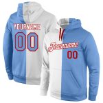 Custom Name & Number Sports Hoodie, Stitched White Light Blue-Red Pullover Sweatshirt, Team Apparel Personalized Stitched
