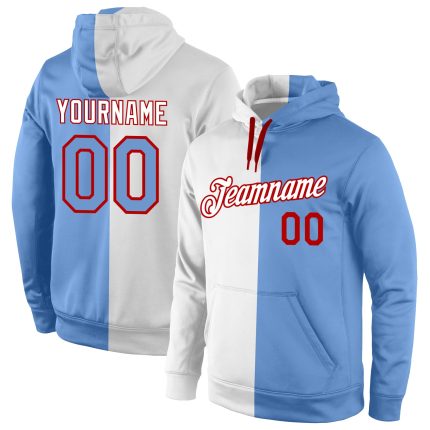 Custom Name & Number Sports Hoodie, Stitched White Light Blue-Red Pullover Sweatshirt, Team Apparel Personalized Stitched