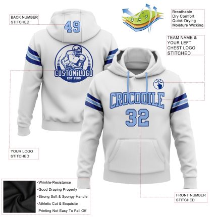 Custom Name and Number Football Hoodie Sweatshirt - Stitched White Light Blue-Royal Team Pullover Personalized Stitched White