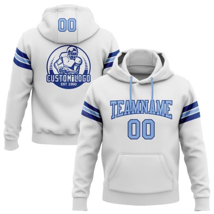 Custom Name and Number Football Hoodie Sweatshirt - Stitched White Light Blue-Royal Team Pullover Personalized Stitched White