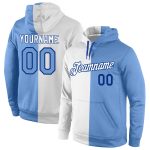 Custom Team Name Number Pullover Hoodie Sweatshirt, Personalized Stitched Fashion in White Light Blue and Royal Personalized