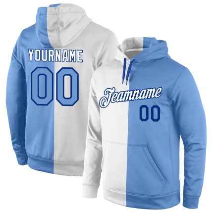 Custom Team Name Number Pullover Hoodie Sweatshirt, Personalized Stitched Fashion in White Light Blue and Royal Personalized