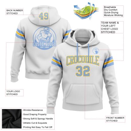 Custom Name Number Football Hoodie Personalized White Light Blue Yellow Sweatshirt Pullover Personalized Stitched White Light