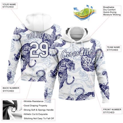 Custom Name Number Tiger Sports Hoodie Personalized 3D Pattern Design White Navy Pullover Sweatshirt Personalized Stitched