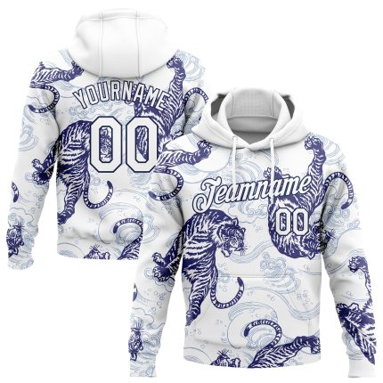 Custom Name Number Tiger Sports Hoodie Personalized 3D Pattern Design White Navy Pullover Sweatshirt Personalized Stitched