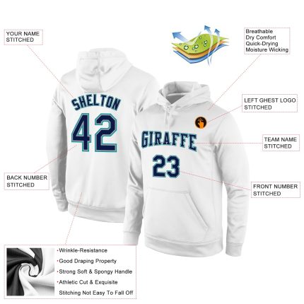Custom Stitched Sports Hoodie with Team Name and Number - White Navy-Aqua Pullover Sweatshirt Personalized Stitched White
