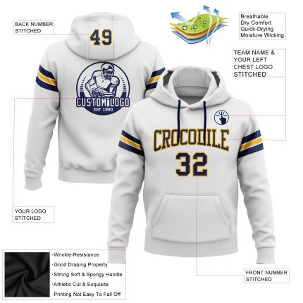 Custom Name Number Football Hoodie Sweatshirt - Personalized White Navy-Gold Stitched Pullover Apparel Personalized Stitched