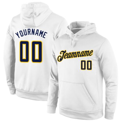 Personalized Navy Gold Sports Hoodie Sweatshirt - Stitched White Pullover Personalized Stitched White Navy-Gold Sports Pullover