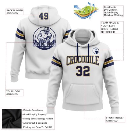 Custom Name Number Pullover Hoodie Sweatshirt - Personalized Stitched White Navy Old Gold Football Team Gear Personalized