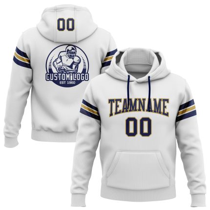 Custom Name Number Pullover Hoodie Sweatshirt - Personalized Stitched White Navy Old Gold Football Team Gear Personalized